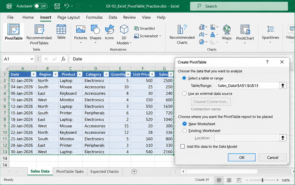 Illustrative PivotTable setup for the EX-02 practice workbook: select the SalesData table, choose Insert and PivotTable, and create the report on a new worksheet.